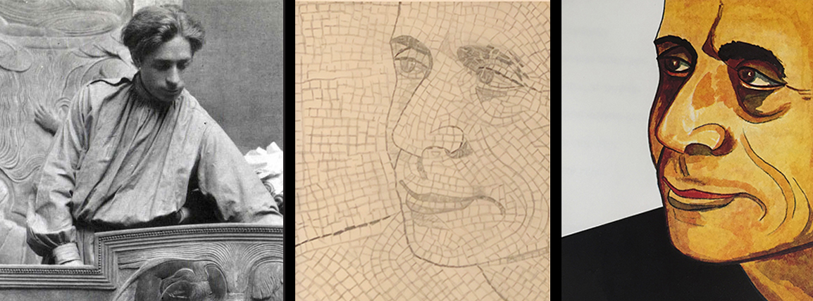 An horizontal banner divided in three parts: The first part from left has a black and white image of Bufano at young age. The second part is a black and white drawing of a self-portrait. Graphite shading in eyebrows, eyeballs, under eye circles, and lips. In three quarter view. The third part is the same portrait with tanned face, dark eyebrows, with dark circles under his eyes, and slight wrinkles in visible cheek and forehead. Top lip is rose-colored, bottom is skin-tone. Wearing a black shirt.
