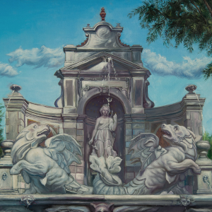 The focal point of the painting is Diana, positioned at its center. Two Mystical Creatures flank the fountain, one on each side. A water Spray located in the middle of the scene. Behind Diana, there's what appears to be a small temple structure.