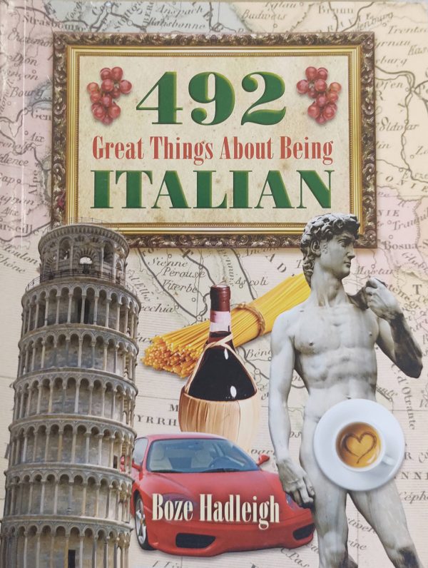 The cover of your book is a delightful montage of iconic Italian imagery.The Leaning Tower of Pisa, an emblem of Italian architecture, a vibrant red sports car takes center stage. Nearby, a bottle of Chianti, a hallmark of Italian wine culture, and a steaming cup of cappuccino, representing the country's rich coffee tradition. Completing this artistic composition, the iconic statue of David