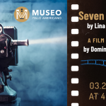 Image divided in two parts. On the left side there is an old film projector. On the Right side the description of the movie Seven Beauties by Lina Wertmüller and the date March 24, 2024