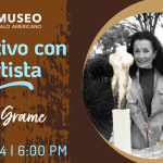 A brown background with Tricia's artist portrait on the right side. The portrait is circular and in black and white, except for the 2 sculptures, which remains in color. On the left side, the title of the event 'Aperitvo con l'artista' and the date are displayed.