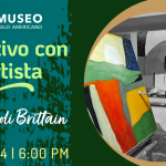 A green background with Elena's artist portrait on the right side. The portrait is circular and in black and white, except for the painting, which remains in color. On the left side, the title of the event 'Aperitvo con l'artista' and the date are displayed.