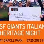 Italian Heritage Night at Oracle Park. SF Giants vs Oakland Athletics. On July 25 at 6:45 PM. Image of SF Giants fans receiving a check