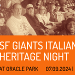 The top of the image shows a few Museo members cheering for the Giants last year. The lower part is orange with the title SF Giants Italian Heritage Night and the date.
