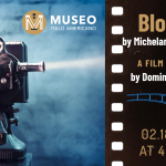 Image divided in two parts. On the left side there is an old film projector. On the Right side the description of the movie Blow Up by Michelangelo Antonioni and the date February 18, 2024