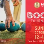 Banner divided in 2: left side an image of a hand holding a bocce ball on a grass field. Cost of the event: $45 for members and $65 for non-members. Right side - Red background with text: "Bocce tournament" - Date: October 15th, 12:00 PM to 4:00 PM, Location: Marin Bocce Federation.