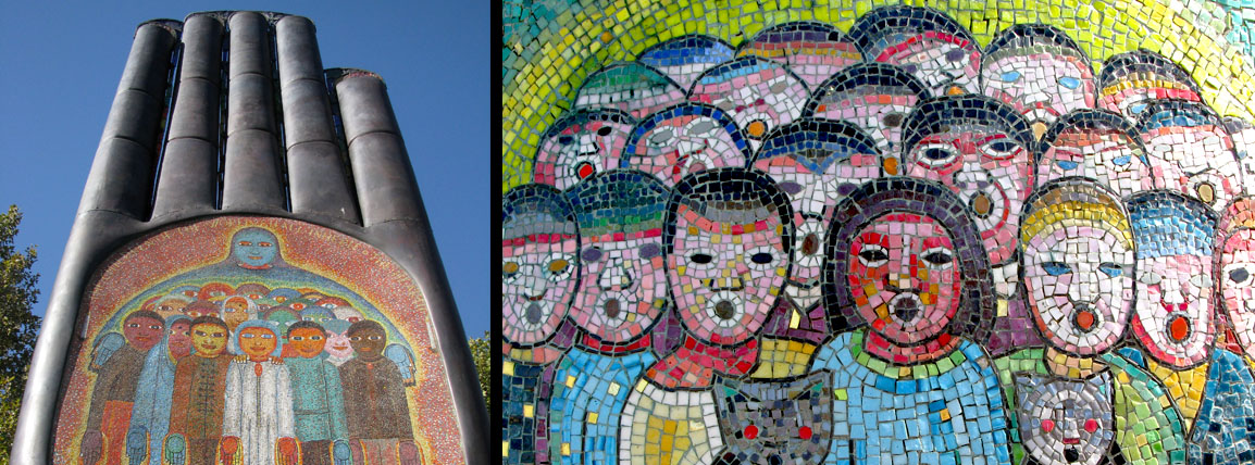 Hand of Peace sculpture and mosaic detail of a choir from the of Saint Francis of the Guns sculpture