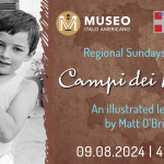 The image is dived in 2 parts: on the left a child holding a puppy dog. The image is in black and white. On the right the details of the event (title and date) written over a brawn background representing the map of Italy.