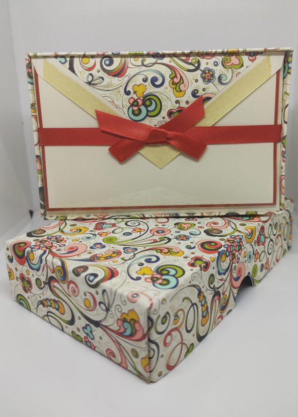 At the bottom part of the image, there's an exquisite box adorned with the captivating swirl design.On the top part of the image, you see the inside of the box. It contains a set of beautifully crafted cards and envelopes. The cards likely showcase the same mesmerizing swirl patterns or elegant designs that match the box, creating a harmonious visual experience