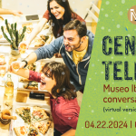 Italian Conversation Group, Cena and Telechat. On April 22 at 6 PM via Zoom. An image of young people celebrating on the left side, and the details of the event on the right.
