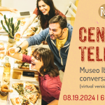 Italian Conversation Group, Cena and Telechat. On August 19 at 6 PM via Zoom. An image of young people celebrating on the left side, and the details of the event on the right.