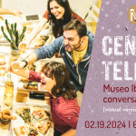 Italian Conversation Group, Cena and Telechat. On February 19 at 6 PM via Zoom. An image of young people celebrating on the left side, and the details of the event on the right.