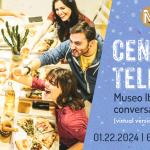 Italian Conversation Group, Cena and Telechat. On January 22 at 6 PM via Zoom. An image of young people celebrating on the left side, and the details of the event on the right.