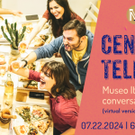 Italian Conversation Group, Cena and Telechat. On July 22 at 6 PM via Zoom. An image of young people celebrating on the left side, and the details of the event on the right.