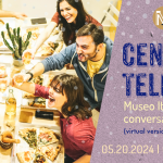Italian Conversation Group, Cena and Telechat. On May 20 at 6 PM via Zoom. An image of young people celebrating on the left side, and the details of the event on the right.