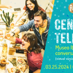 Italian Conversation Group, Cena and Telechat. On March 25 at 6 PM via Zoom. An image of young people celebrating on the left side, and the details of the event on the right.