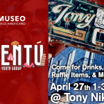 This visual is divided into two parts. On the left side, there is a red background with a faint image of young people. At the top, there is the Museo logo along with the text 'Gioventú.' On the right side, there is an image of the exterior of Tony Nik's place, along with details of the event: the date, April 27, and the time, from 1 to 3 PM.