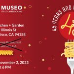 Red gradient background. On the left side of the background, there is the Museo Logo. On the right side of the background, there is a 45th-anniversary logo. The logo features a fork holding a bundle of spaghetti strands, arranged in a playful and celebratory manner, forming the number 45.
