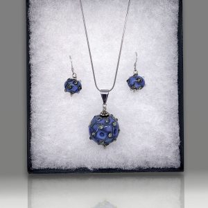 Earring and necklace set with tiny clear beads studding blue-grey handblown glass globes.