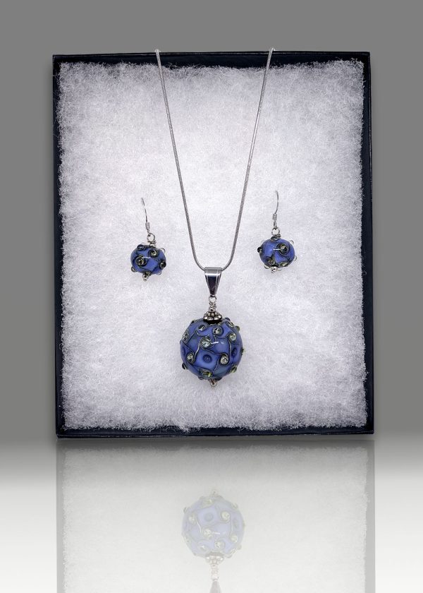 Earring and necklace set with tiny clear beads studding blue-grey handblown glass globes.