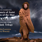Image of Saint Francis walking on a desolated land. He is poorly dressed. On the background a storm is looming.