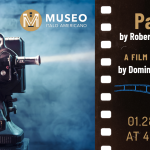 Image divided in two parts. On the left side there is an old film projector. On the Right side the description of the movie Paisá by Roberto Rossellini and the date January 28, 2024
