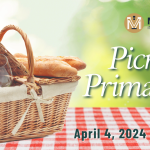 A picnic basket is placed on a table with a red and white checkerboard pattern. The title of the event, 'Picnic di Primavera', is written in white on the right side, with the date 'April 4th' displayed on the lower part of the banner.