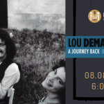 Imagine black and white from the '70s. There are three people, two men and one woman, sitting in a garden. On the right side, there is information regarding the event. Starting with the logo on the top, followed by the title "A Journey Back" with the date August 8, 2024.