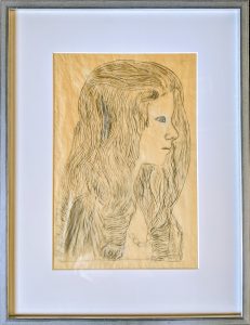 Pencil drawing of a girl in profile view. Long, curly hair.