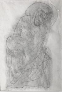 Pencil drawing of Saint Francis with two small birds. He is seated, legs crossed, wearing a hooded robe, turning back watching the birds behind him. Background is lightly shaded with the moon behind him.