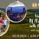 The image is showing a hill in the background with tho images in foreground one of Jesi and one of a group of student visiting the region Marche. There is also the title of the event Viaggi in Italiano nelle Marche and the date February 10 at 4 PM.